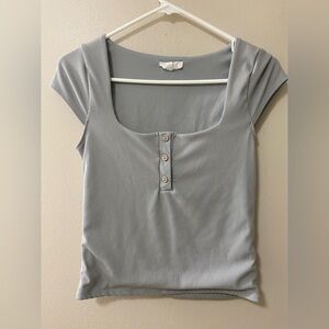 Y2K style womens juniors top medium square neck button Henley milkmaid